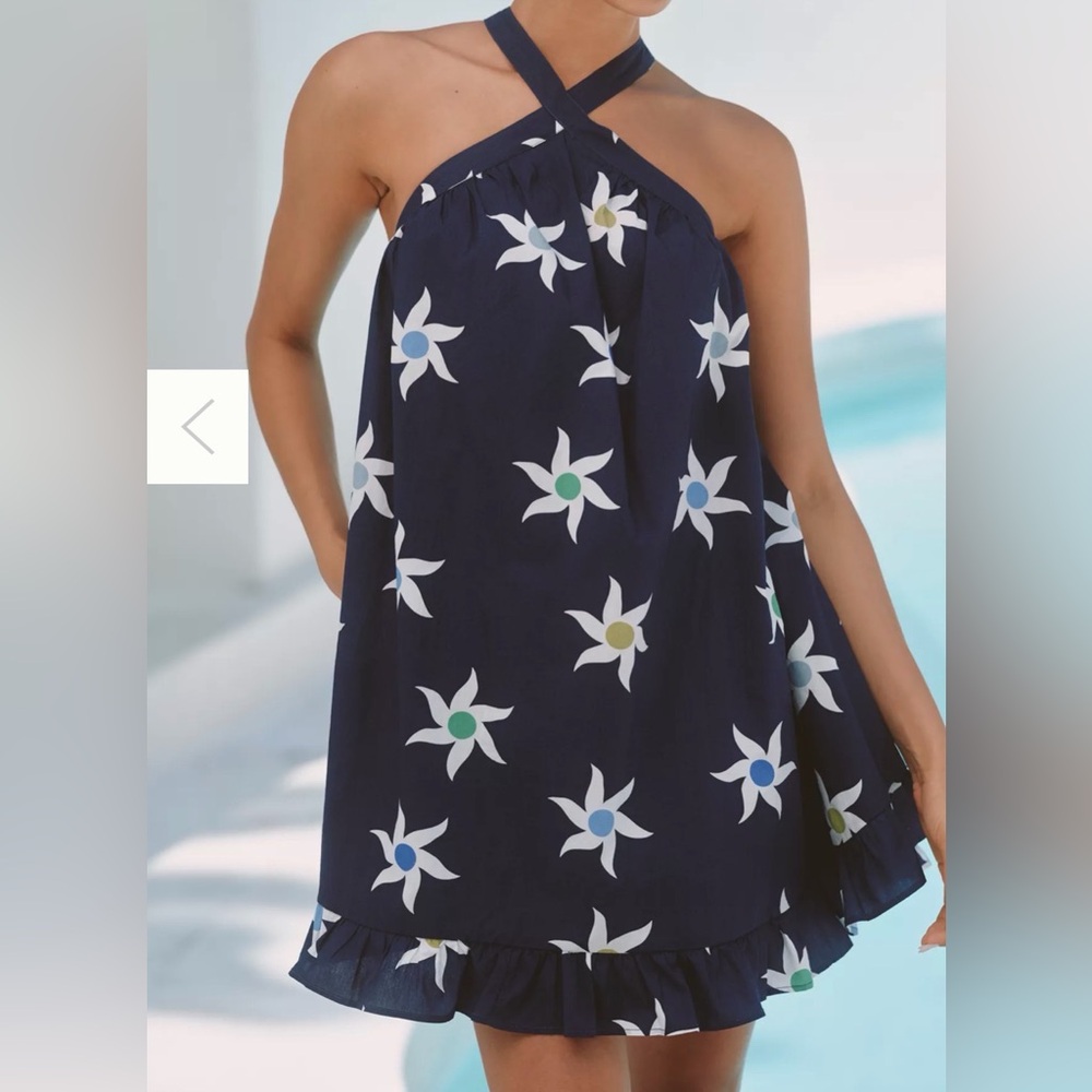 NWT Anthropologie Celandine Halter Ruffle Hem Babydoll Mini Dress Navy Size L